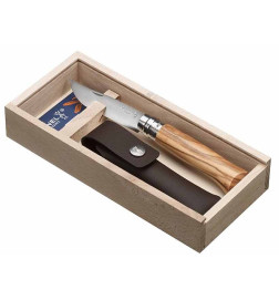 Opinel knife n°8 olive wood handle leather case