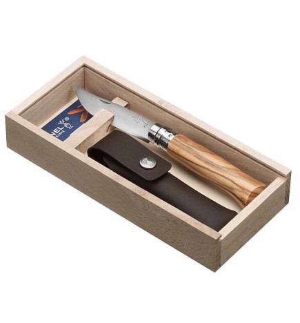 Couteau Opinel n°8 manche olivier étui cuir