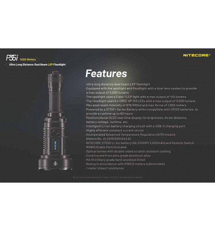 Lampe tactique longue portée Nitecore P35i descriptifs
