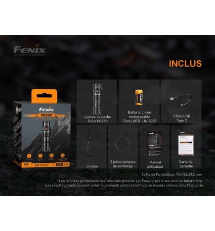 Fenix PD25R 800 ルーメン LED フラッシュライトの内容