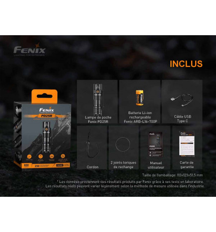 Contenido de la linterna LED Fenix ​​​​PD25R de 800 lúmenes