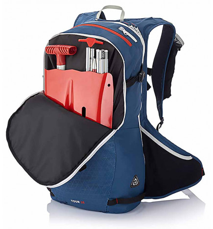 ARVA Tour 25 blauer offener Rucksack mit Schaufel und Sonde