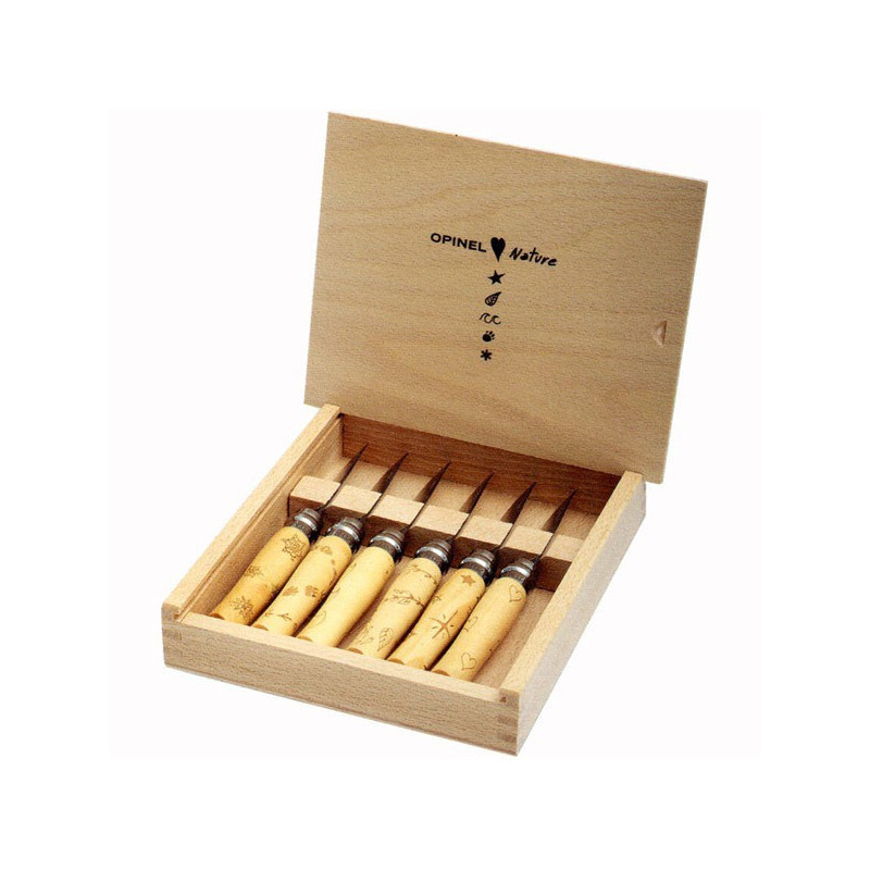 Collection wooden box of 6 OPINEL "Nature" knives