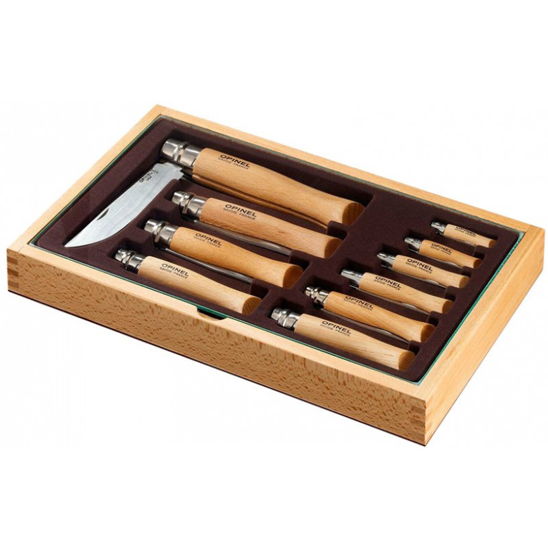 OPINEL wooden cash tray with 10 stainless steel knives