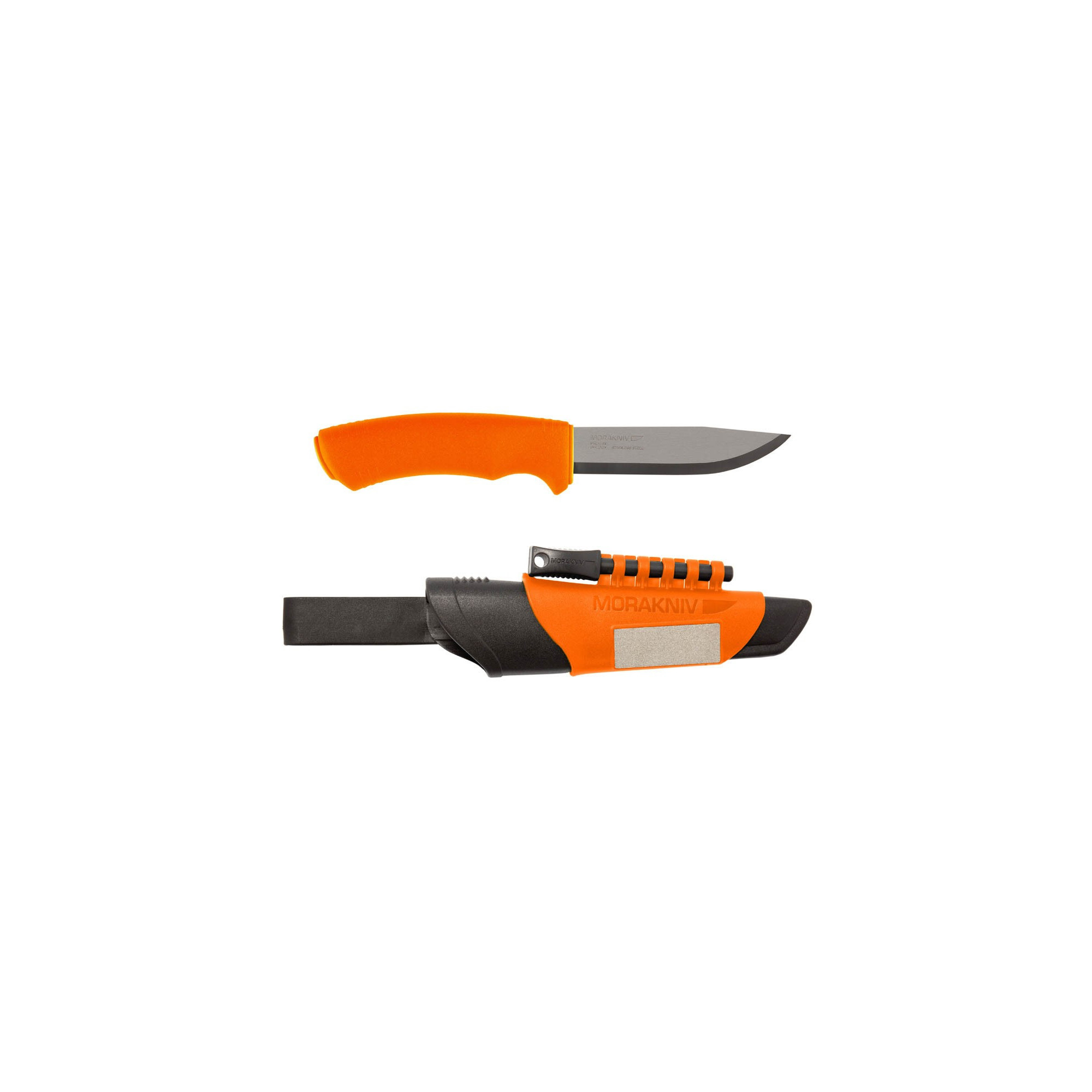 Couteau Mora bushcraft survival orange: pierre à feu, aiguiseur