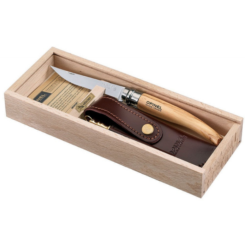 OPINEL portapenne con coltello affusolato manico ulivo e astuccio alpino##